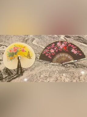 2 Vintage Oriental Asian Folding Fans Wall Decor Mother Of Pearl & Floral Design